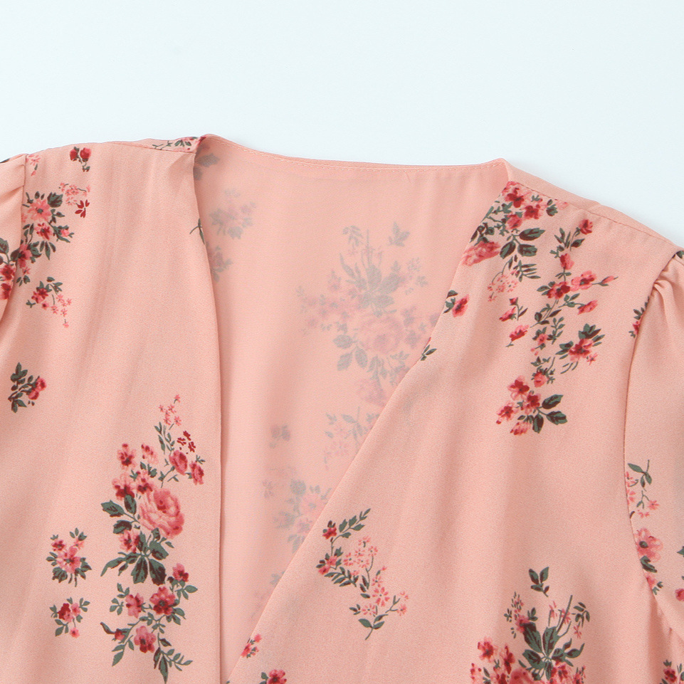 Women's Wrap Dress V-Neck Ruffle Hem 3/4 Sleeve KUN-00021