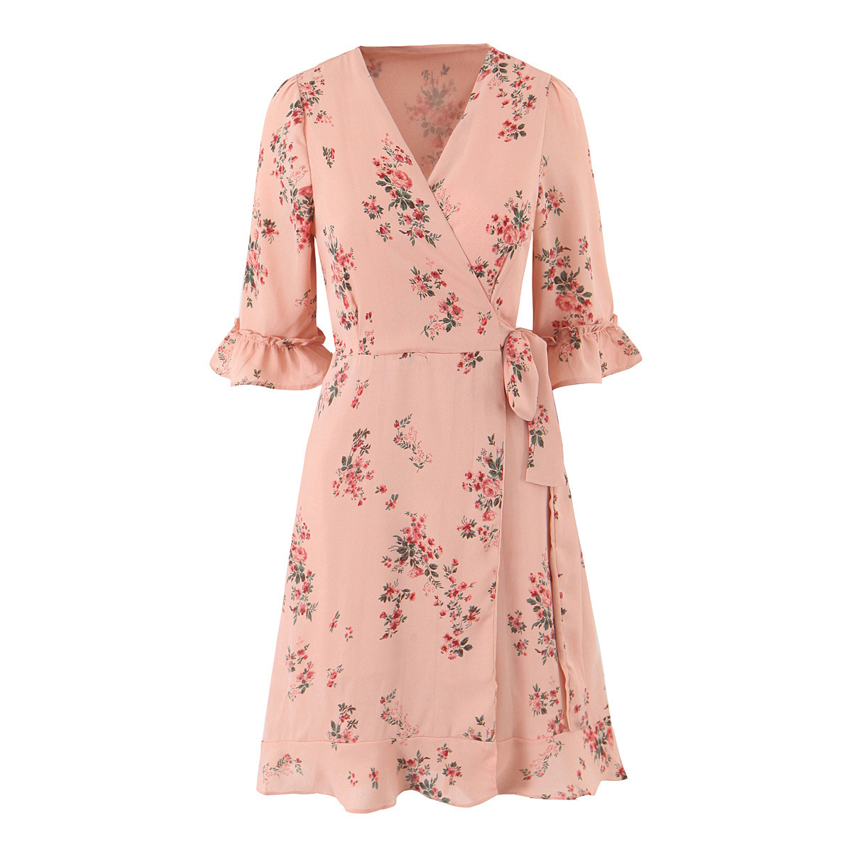 Women's Wrap Dress V-Neck Ruffle Hem 3/4 Sleeve KUN-00021