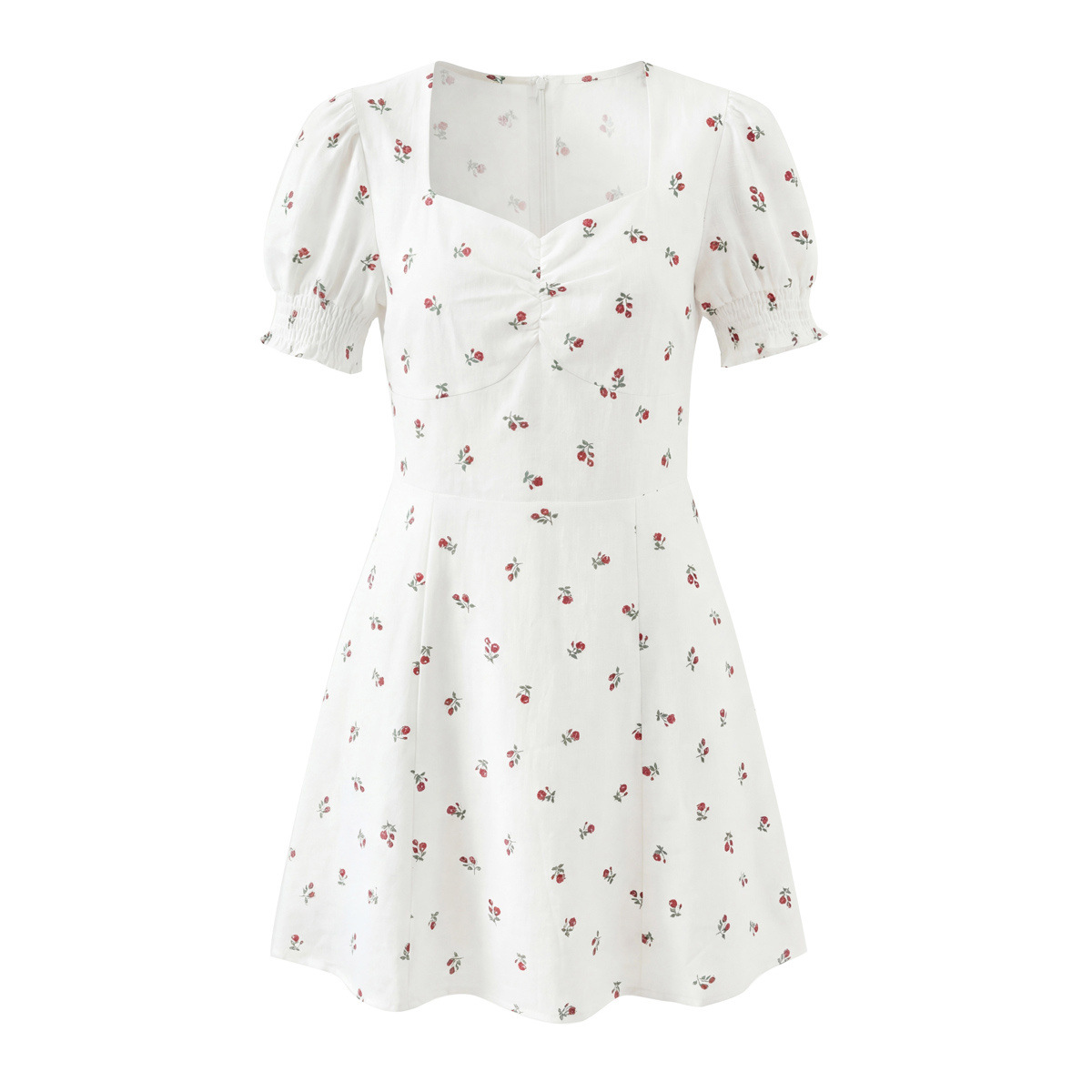 Vestido floral con escote cuadrado y mangas abullonadas, estilo vintage, ajustado, KUN-00112