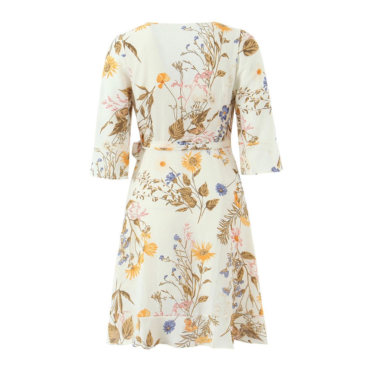 Women's Wrap Dress V-Neck Ruffle Hem 3/4 Sleeve KUN-00114