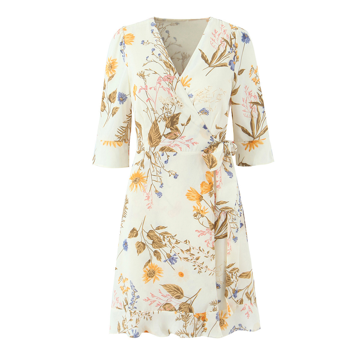 Women's Wrap Dress V-Neck Ruffle Hem 3/4 Sleeve KUN-00114