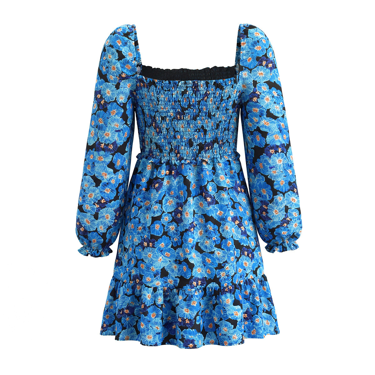 Inspired Ink Painting Dress - Ruched Puff Sleeve Stretch Midi KUN-00118