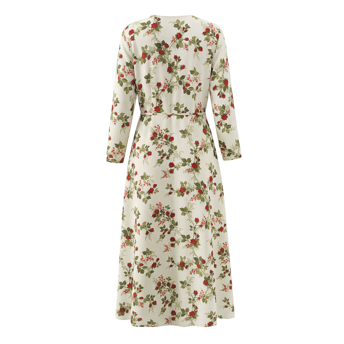 Wickelkleid mit Blumenmuster, lange Ärmel, Bindegürtel, KUN-00131