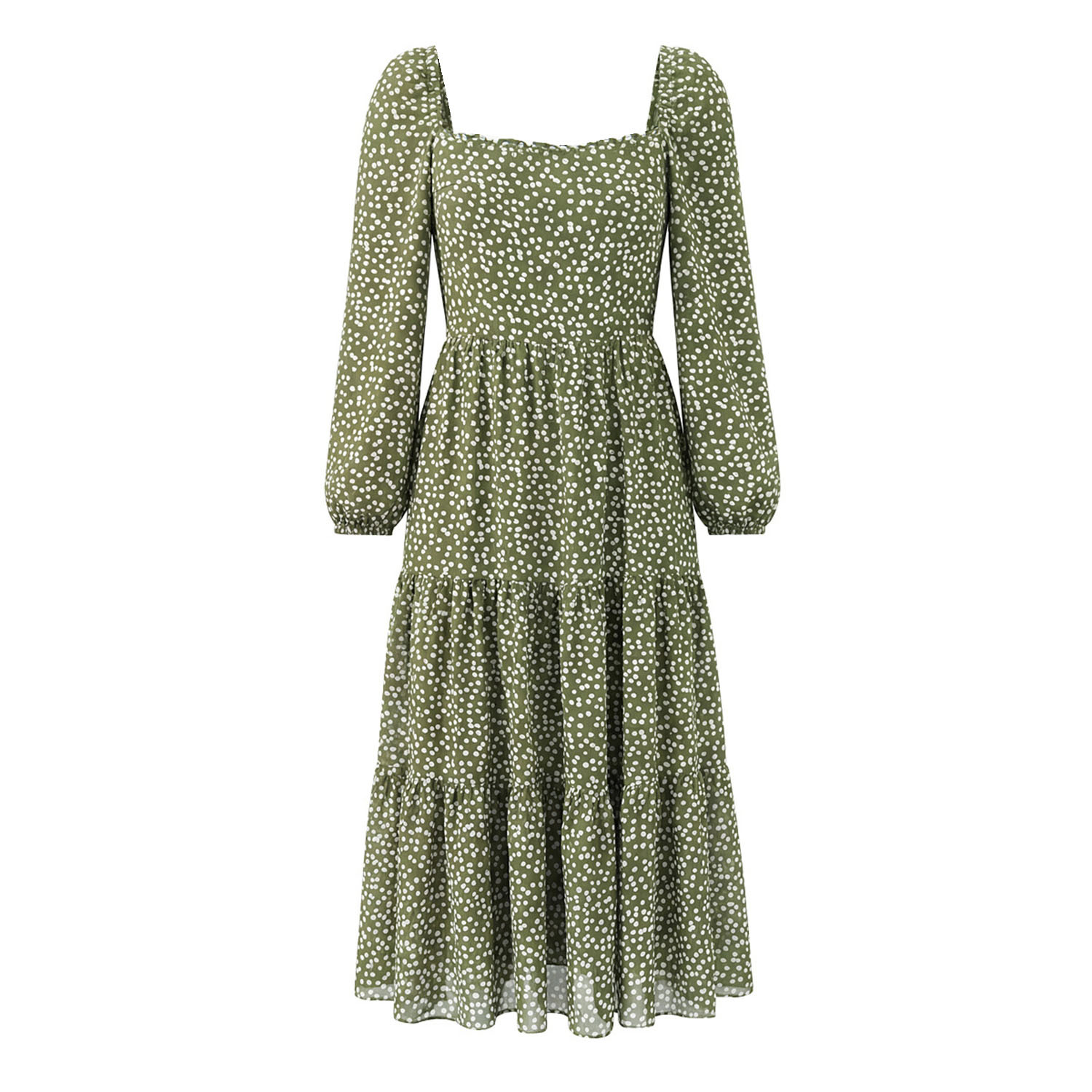 Vestido midi de manga larga con lunares estilo francés para mujer KUN-00132