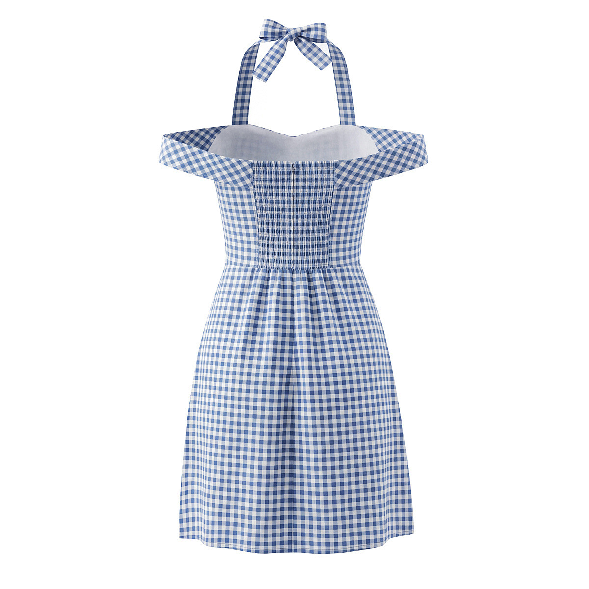 Vestido mini de cuadros con lazo y cuello halter KUN-00026