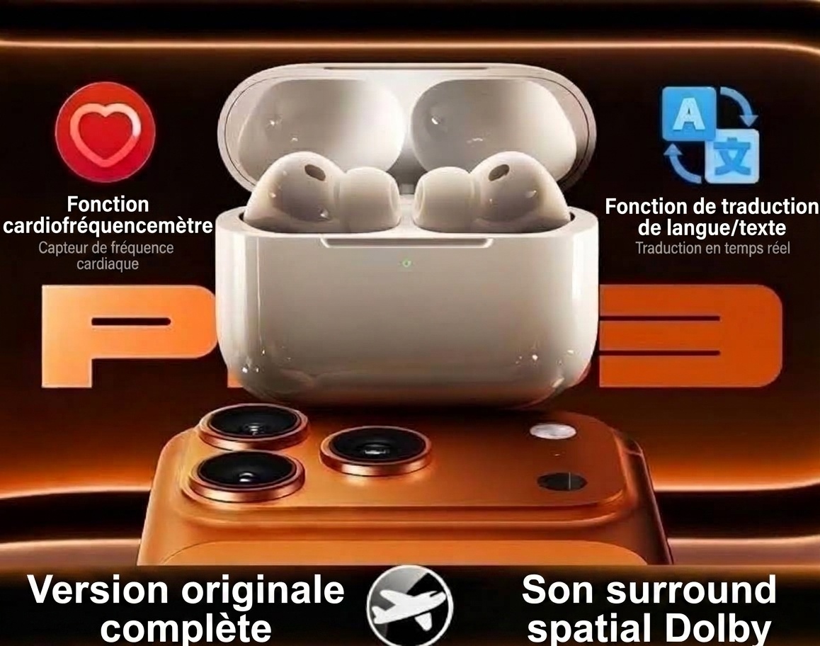 Écouteurs intra-auriculaires sans fil blancs Pro3 avec réduction de bruit active et audio Dolby, boîtier de charge inclus.