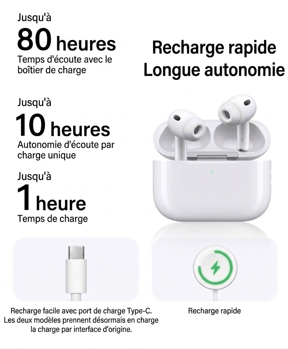 Écouteurs intra-auriculaires sans fil blancs Pro3 avec réduction de bruit active et audio Dolby, boîtier de charge inclus.