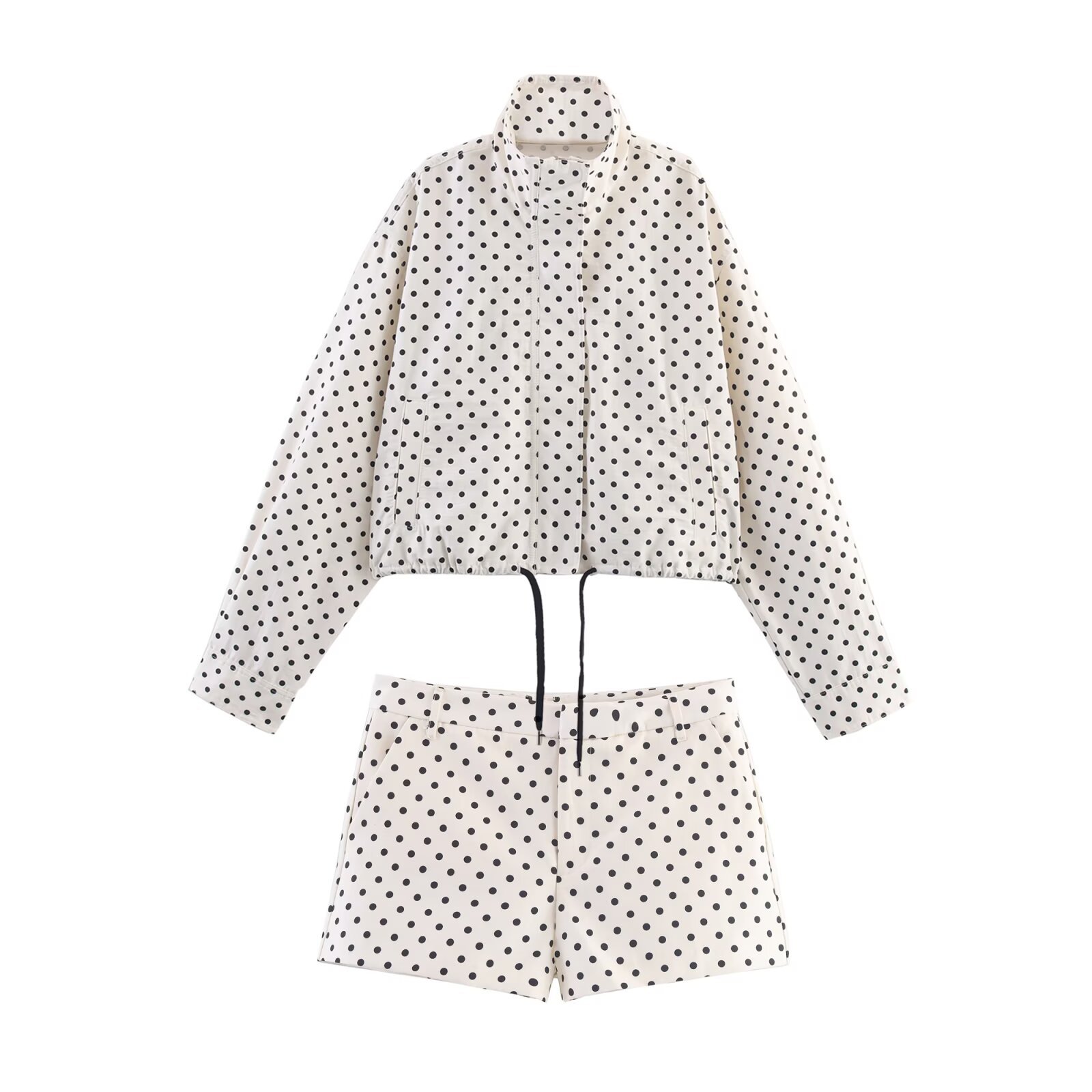 Damen-Outfit mit Polka-Dots: Stilvolle Langarmjacke & Shorts KUN-00027