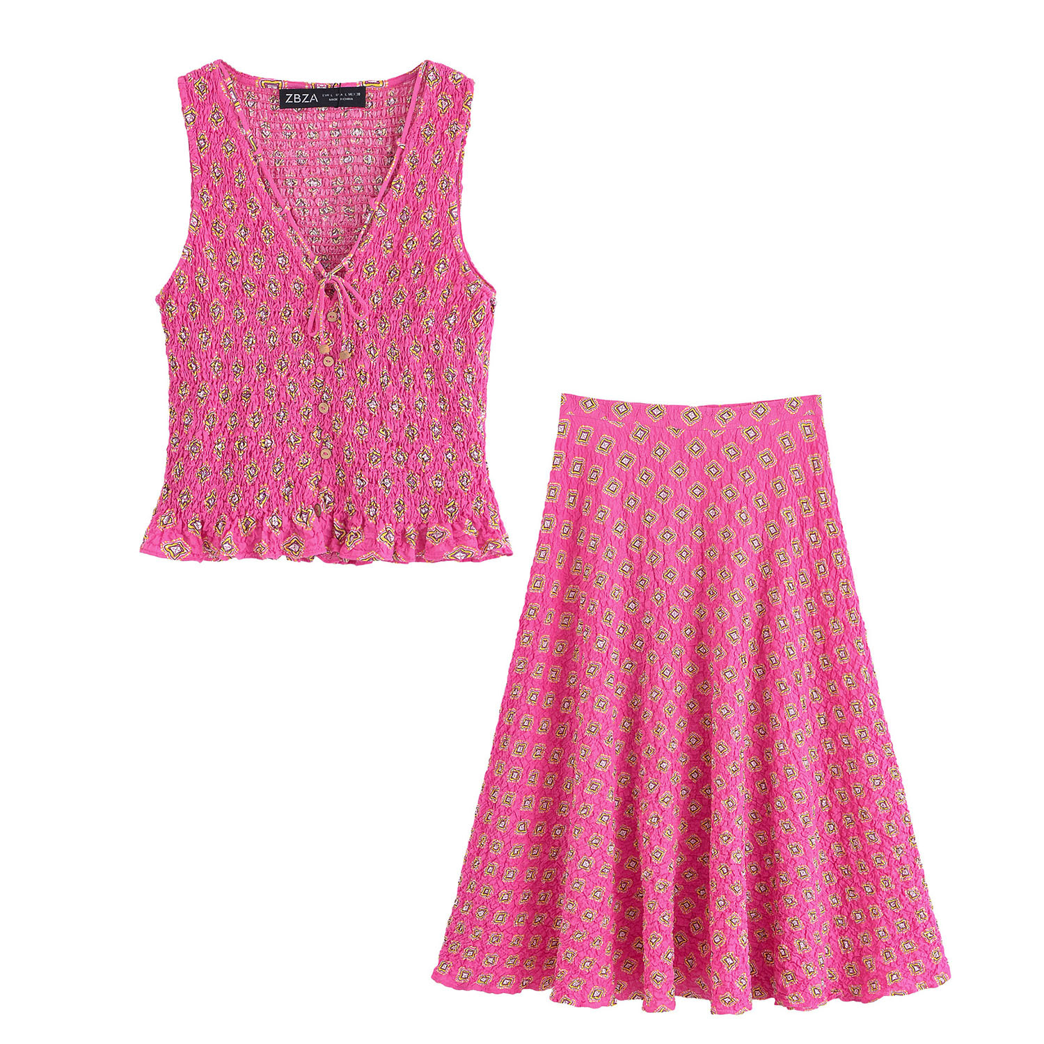 Damestop met bloemenprint, V-hals, mouwloos en midi-rok set KUN-00040