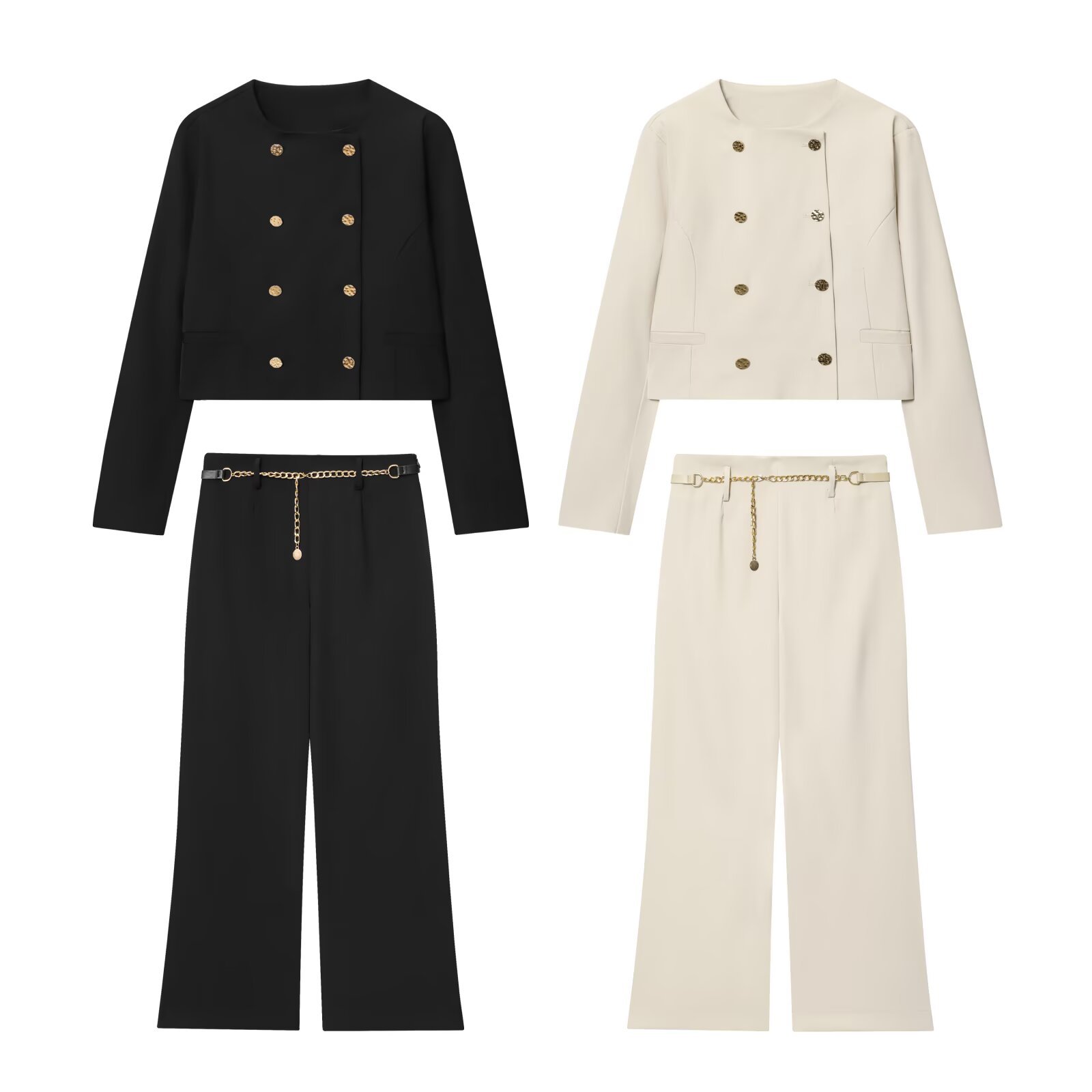 Blazer para mujer, traje corto, chaqueta, pantalones de cintura alta, conjunto con cadena KUN-00066