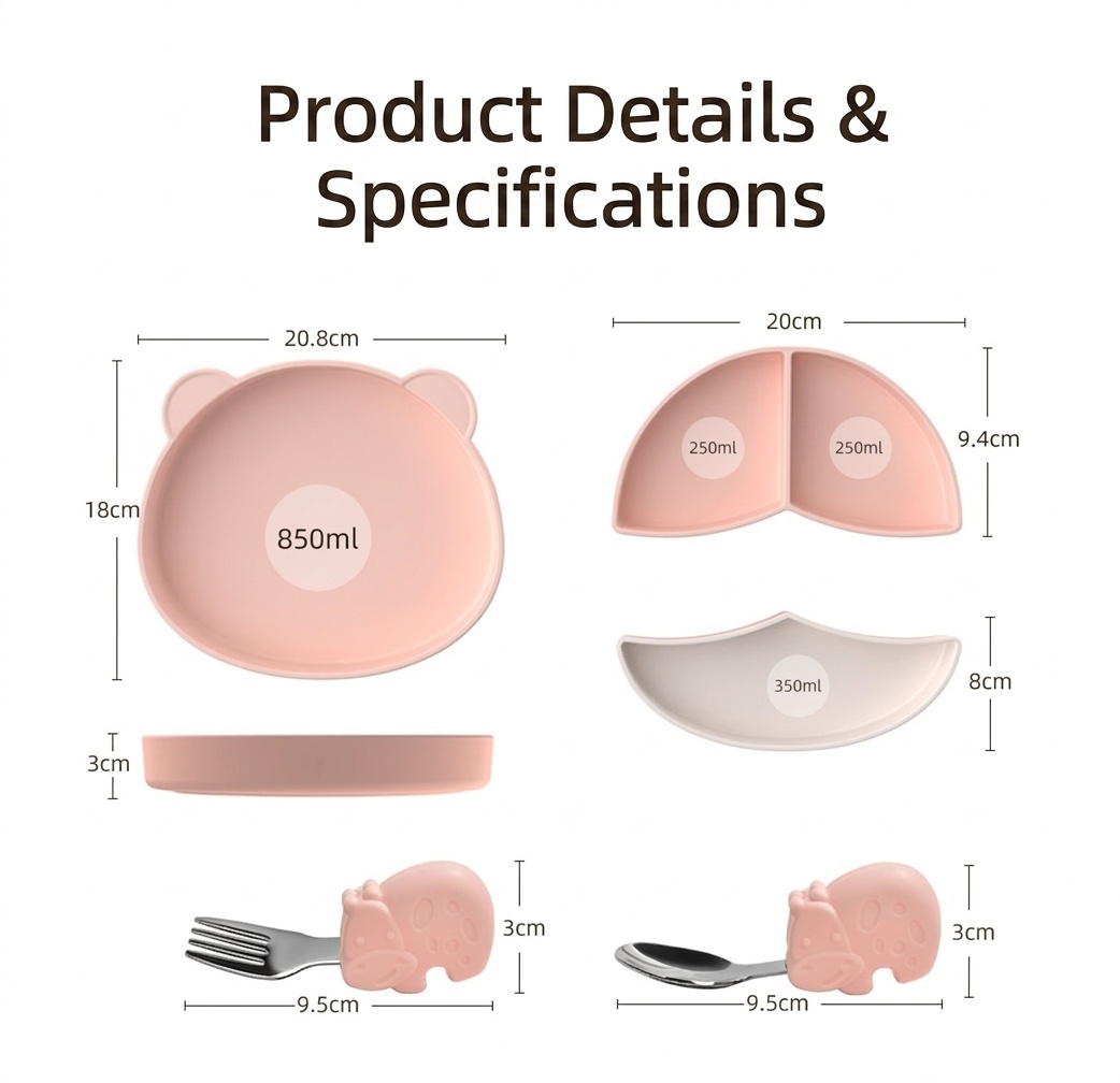 Cute Bear Silicone Baby Plate & Utensil Set - Food Grade