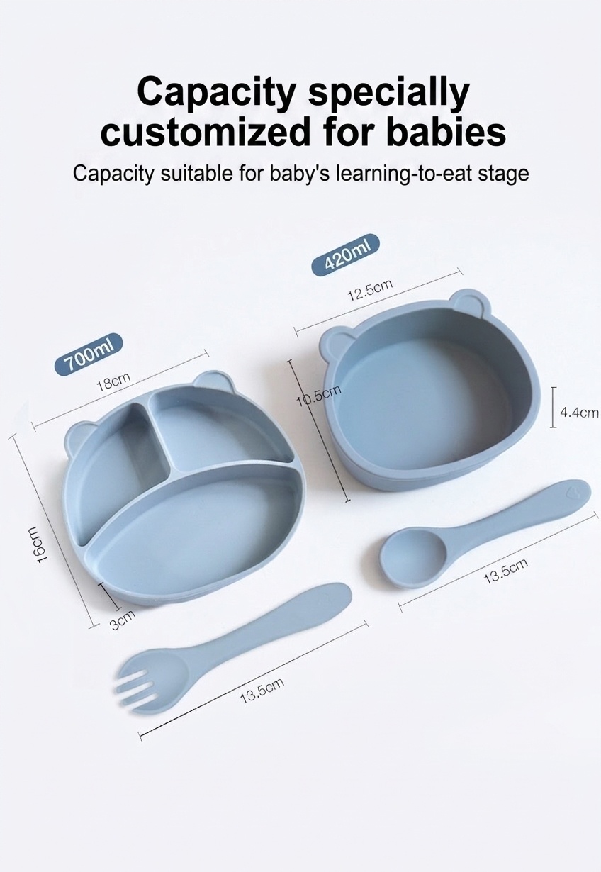 Plato de silicona con separadores para bebés - Base de succión y diseño de oso