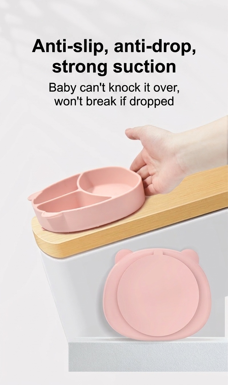 Plato de silicona con separadores para bebés - Base de succión y diseño de oso