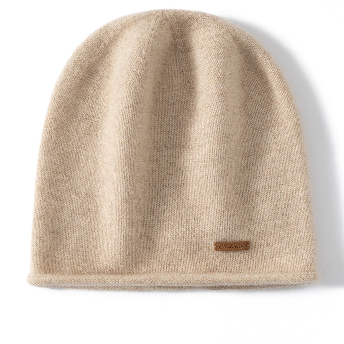 Cashmere Fine Knit Roll-Edge Beanie Hat