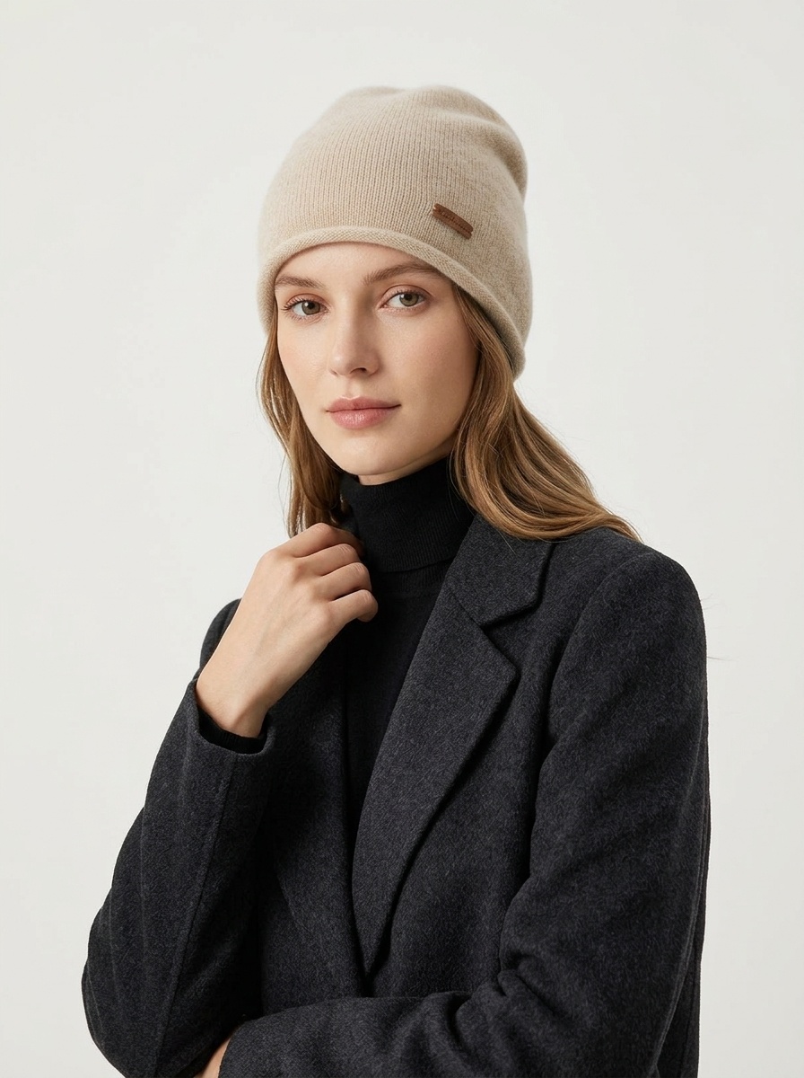 Cashmere Fine Knit Roll-Edge Beanie Hat