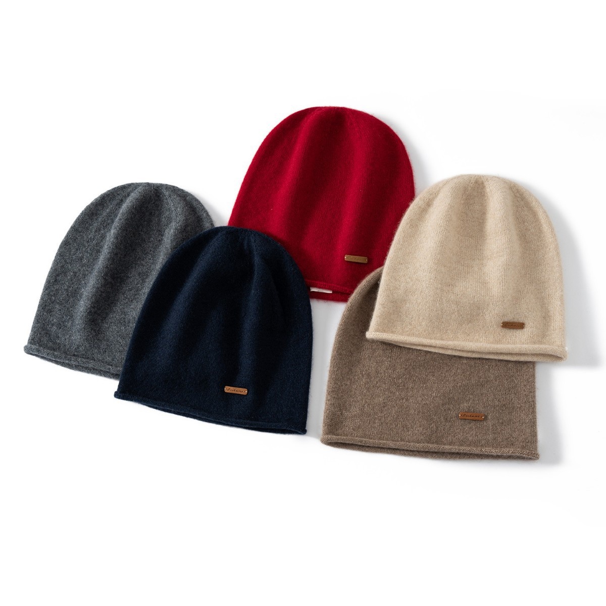 Cashmere Fine Knit Roll-Edge Beanie Hat