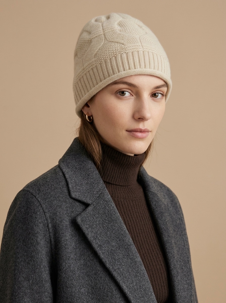 Cashmere Cable Knit Textured Cashmere Beanie Hat