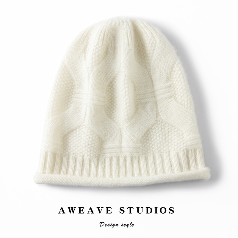 Cashmere Cable Knit Textured Cashmere Beanie Hat