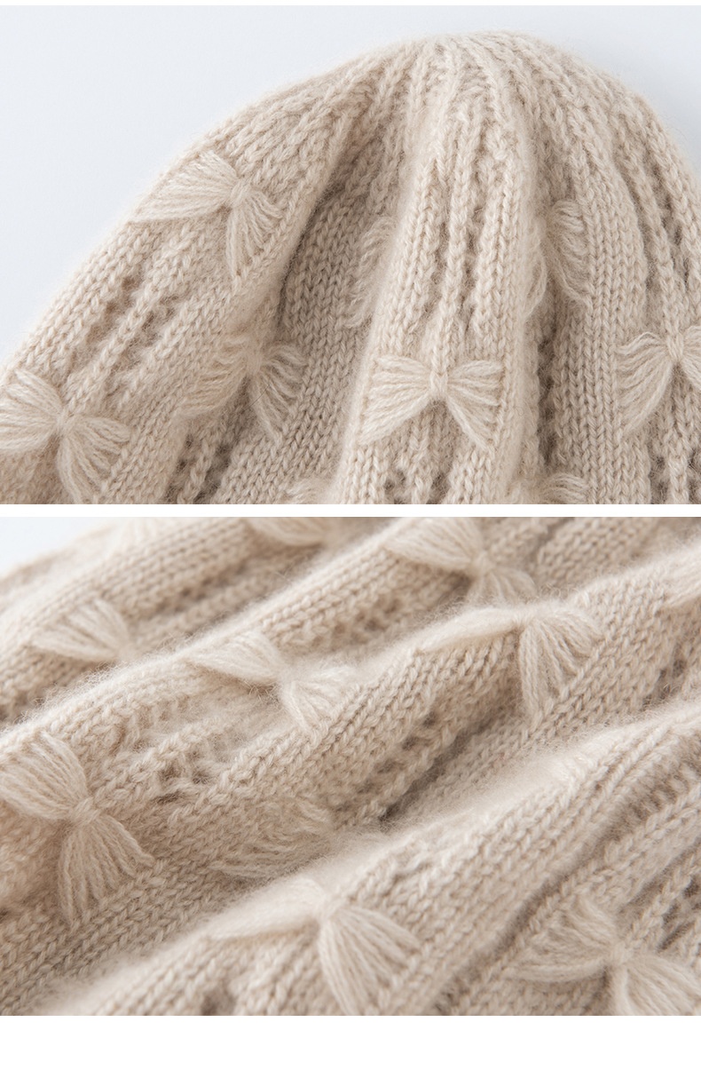 Cashmere Women's Textured Bow Knit Beanie Hat