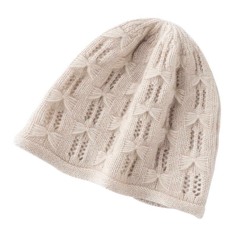 Cashmere Women's Textured Bow Knit Beanie Hat
