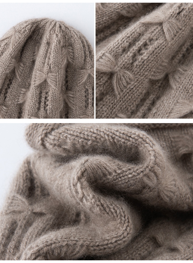 Cashmere Women's Textured Bow Knit Beanie Hat
