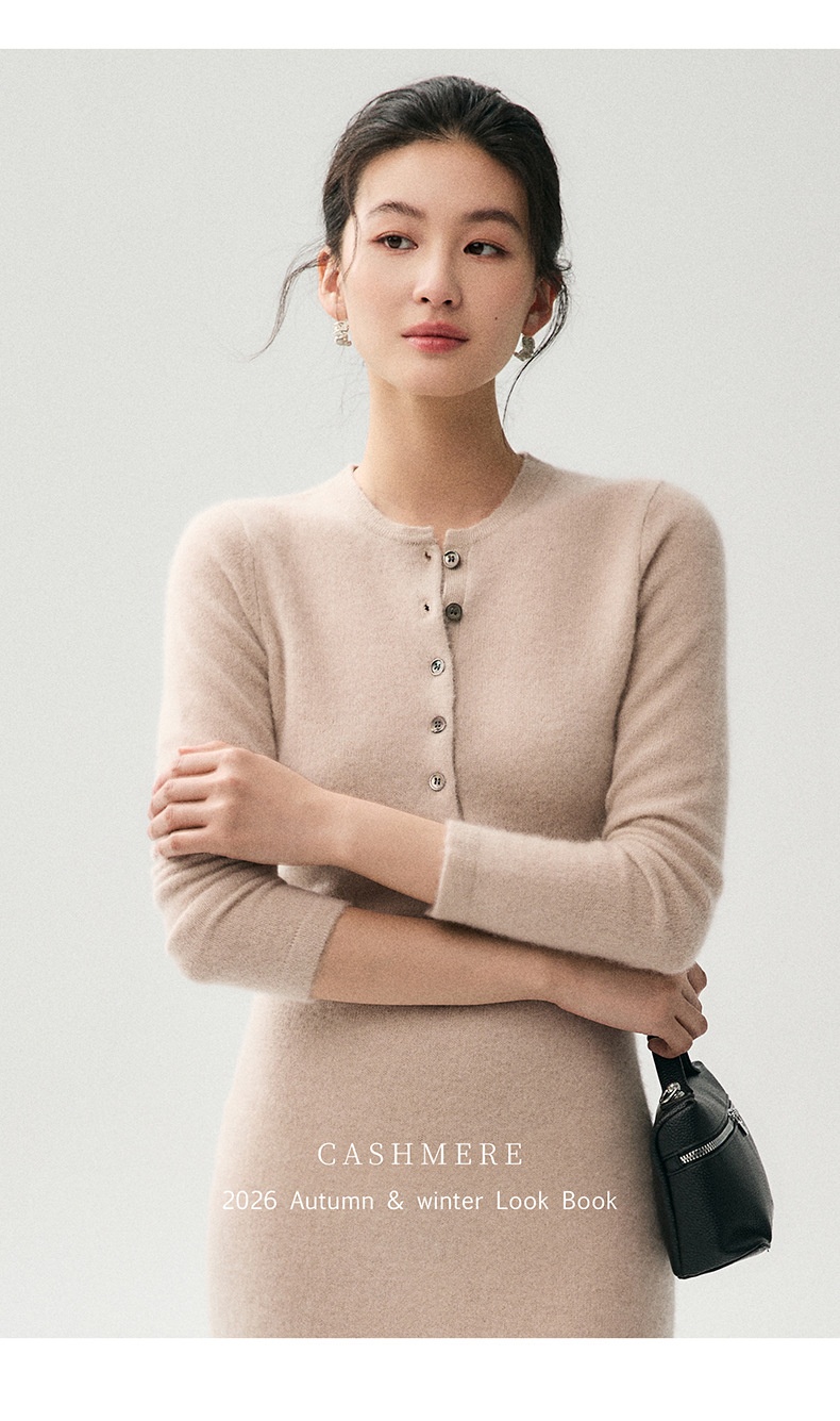 Cashmere Women's Henley Neck Long Sleeve Knit Midi Dress