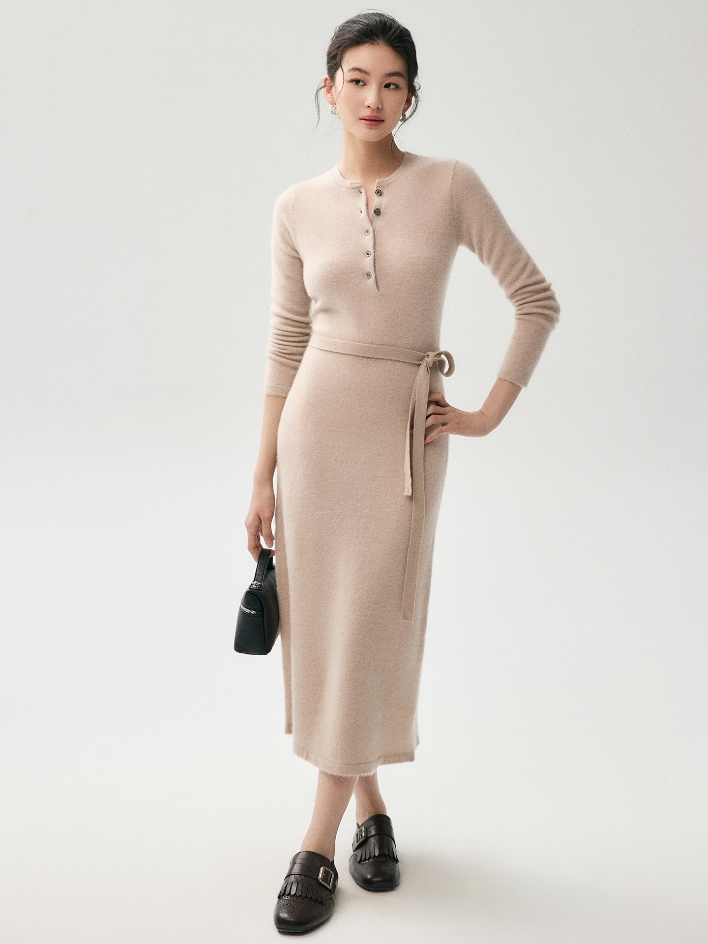 Cashmere Women's Henley Neck Long Sleeve Knit Midi Dress