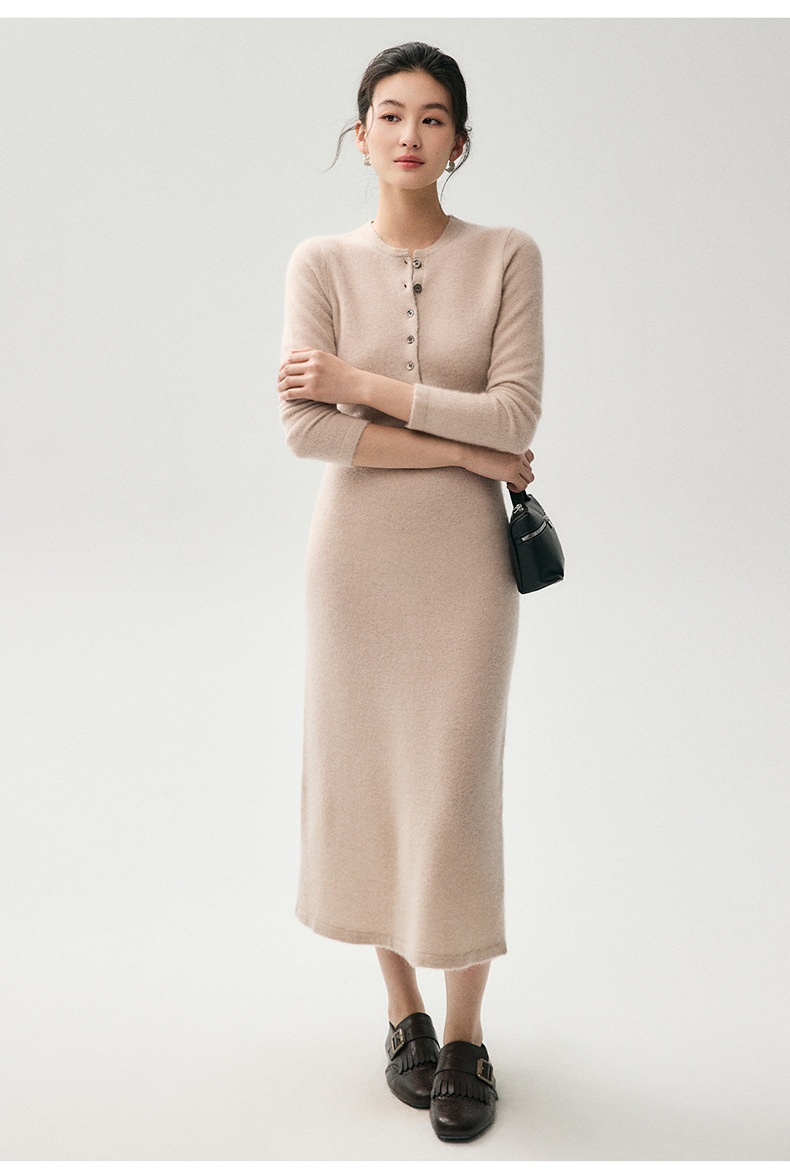 Cashmere Women's Henley Neck Long Sleeve Knit Midi Dress