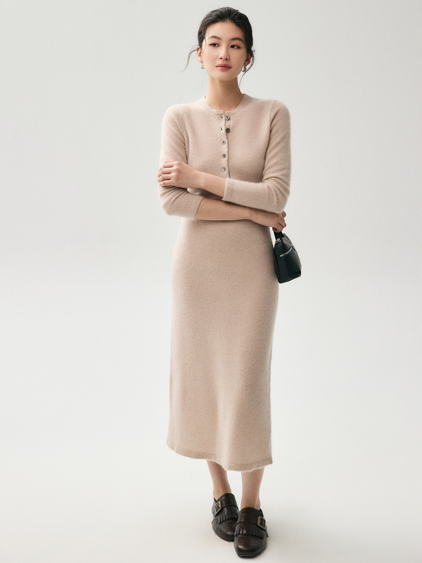 Cashmere Women's Henley Neck Long Sleeve Knit Midi Dress