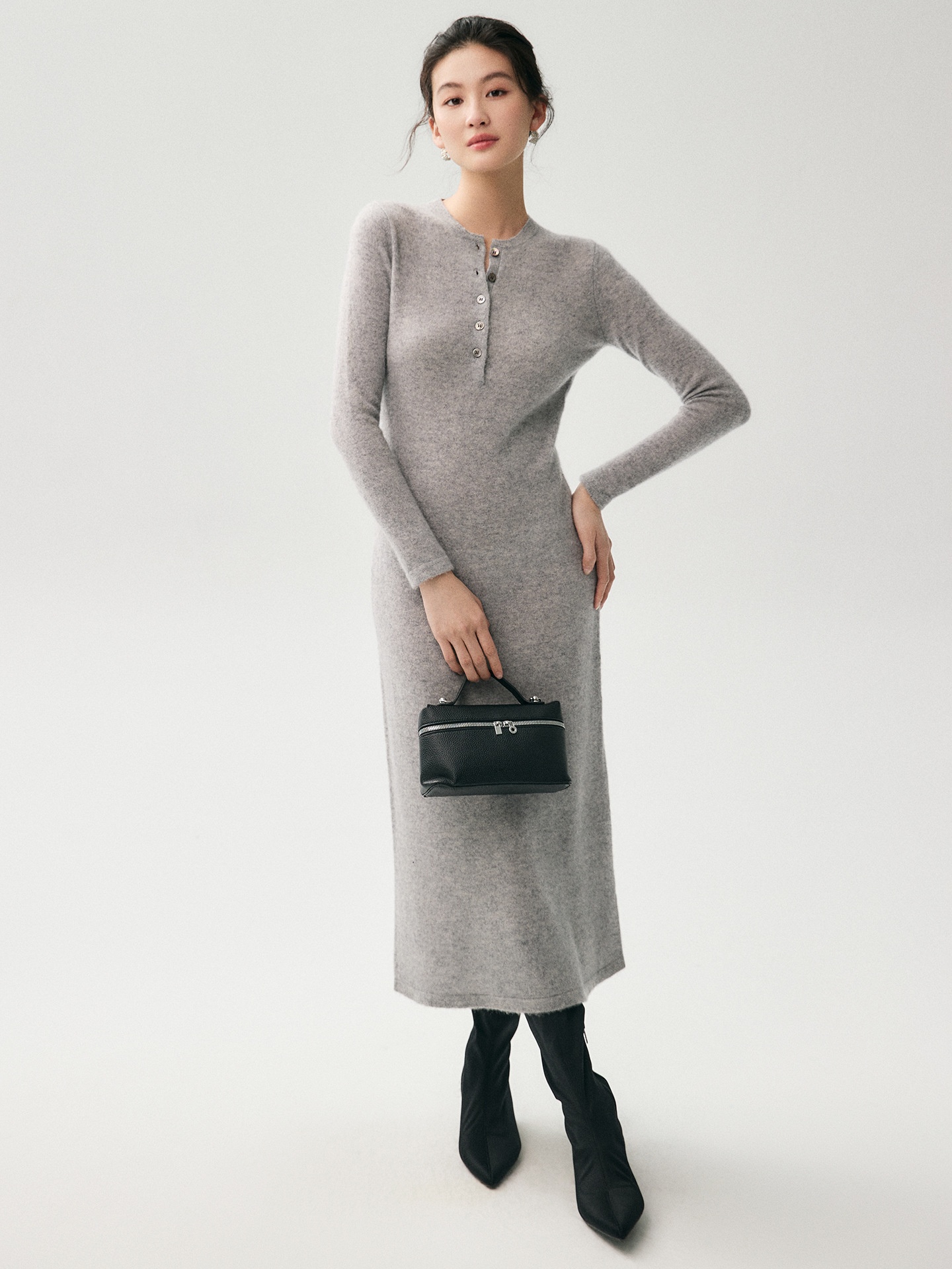 Cashmere Women's Henley Neck Long Sleeve Knit Midi Dress
