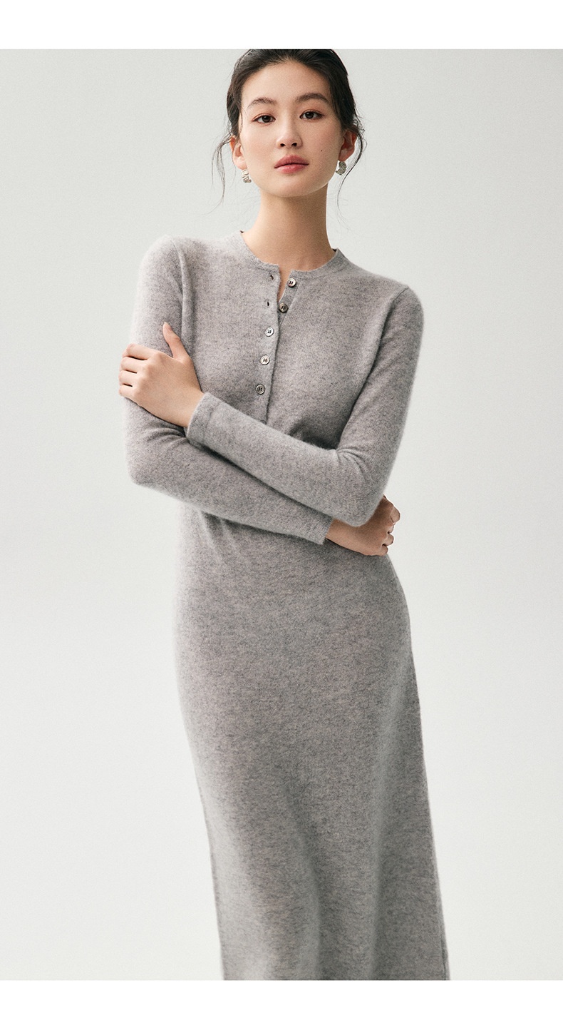 Cashmere Women's Henley Neck Long Sleeve Knit Midi Dress