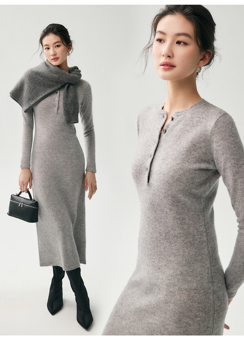 Cashmere Women's Henley Neck Long Sleeve Knit Midi Dress