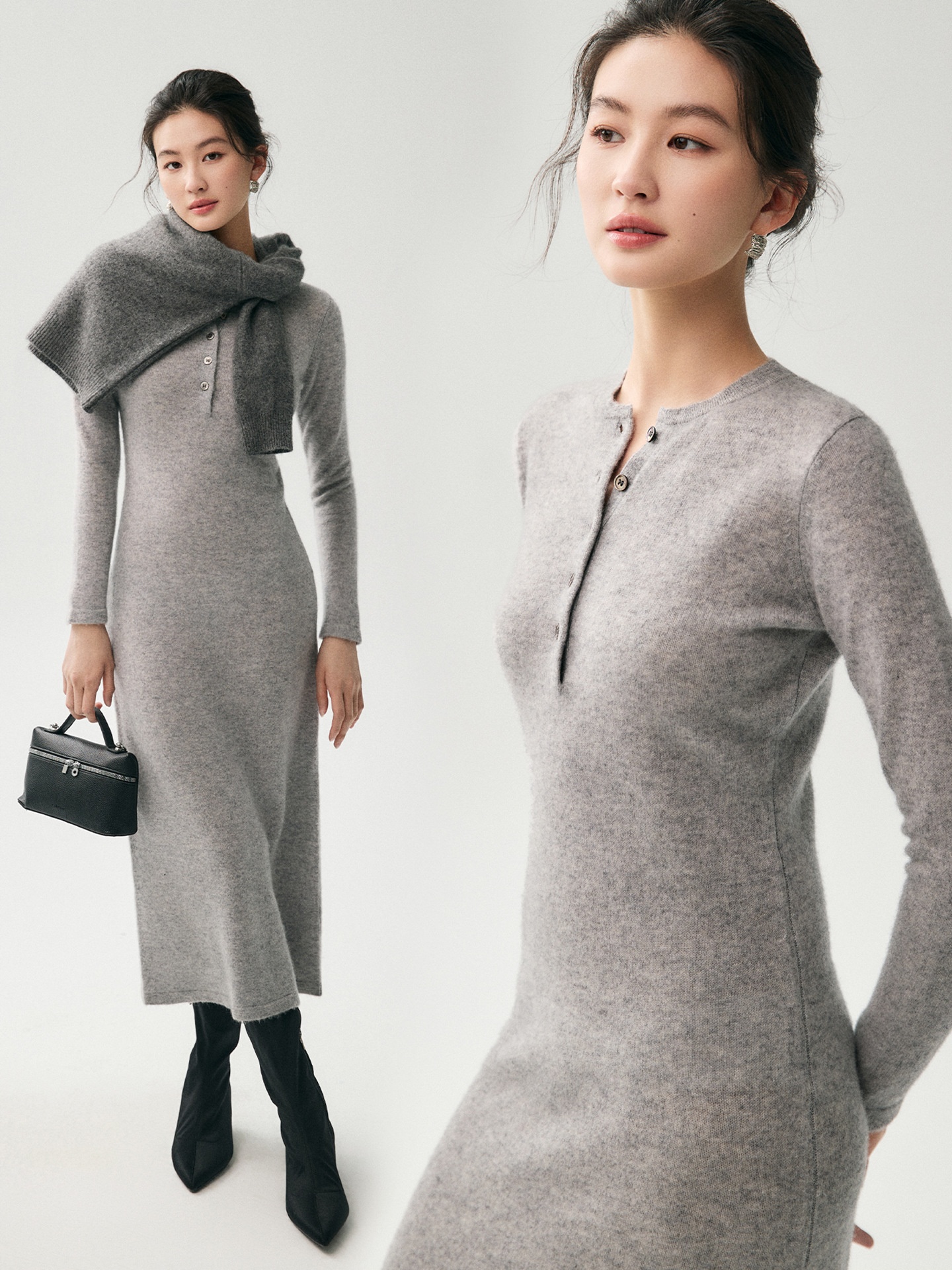 Cashmere Women's Henley Neck Long Sleeve Knit Midi Dress