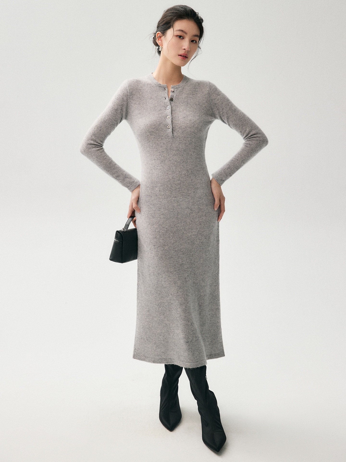 Cashmere Women's Henley Neck Long Sleeve Knit Midi Dress