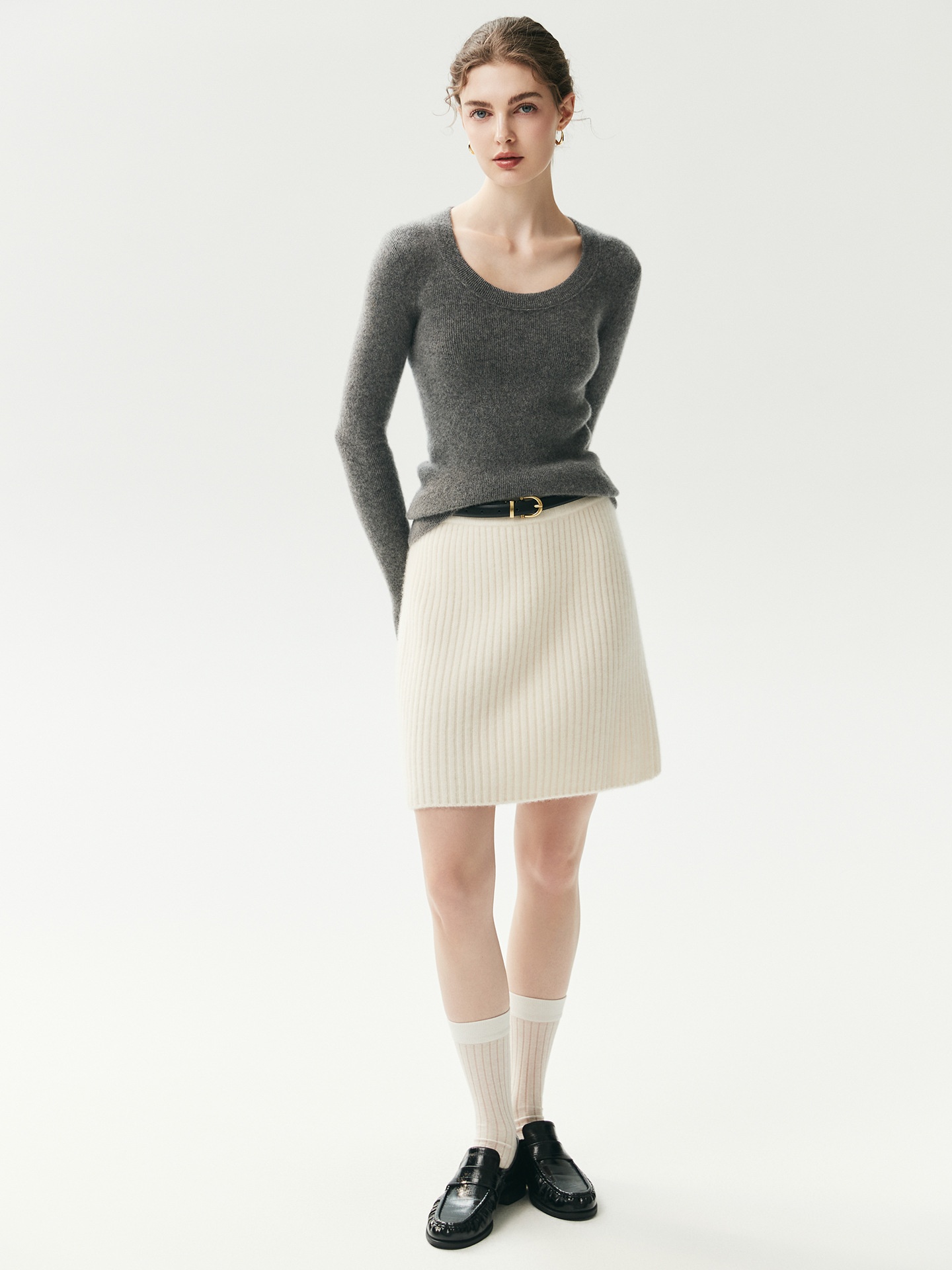 Cashmere Women's High Waist Ribbed Knit Cashmere Mini Skirt