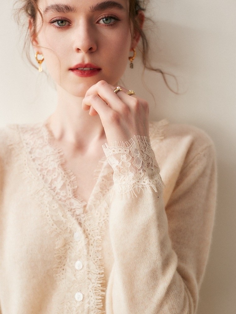 Cashmere Lace-Trimmed Knit V-Neck Cardigan Sweater