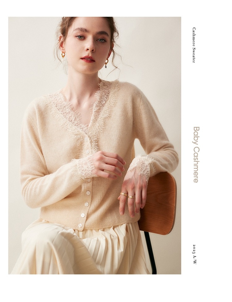 Cashmere Lace-Trimmed Knit V-Neck Cardigan Sweater