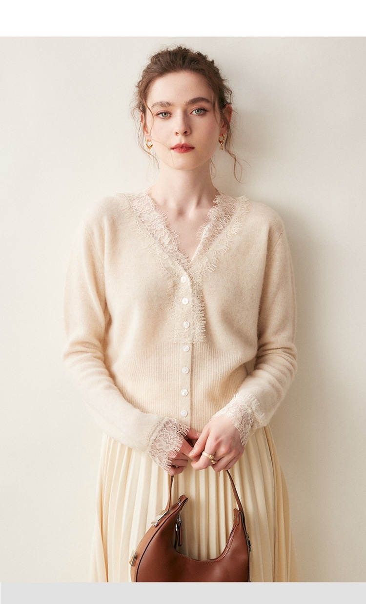 Cashmere Lace-Trimmed Knit V-Neck Cardigan Sweater