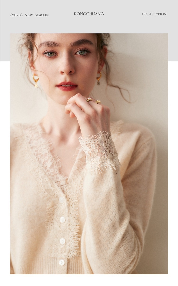 Cashmere Lace-Trimmed Knit V-Neck Cardigan Sweater