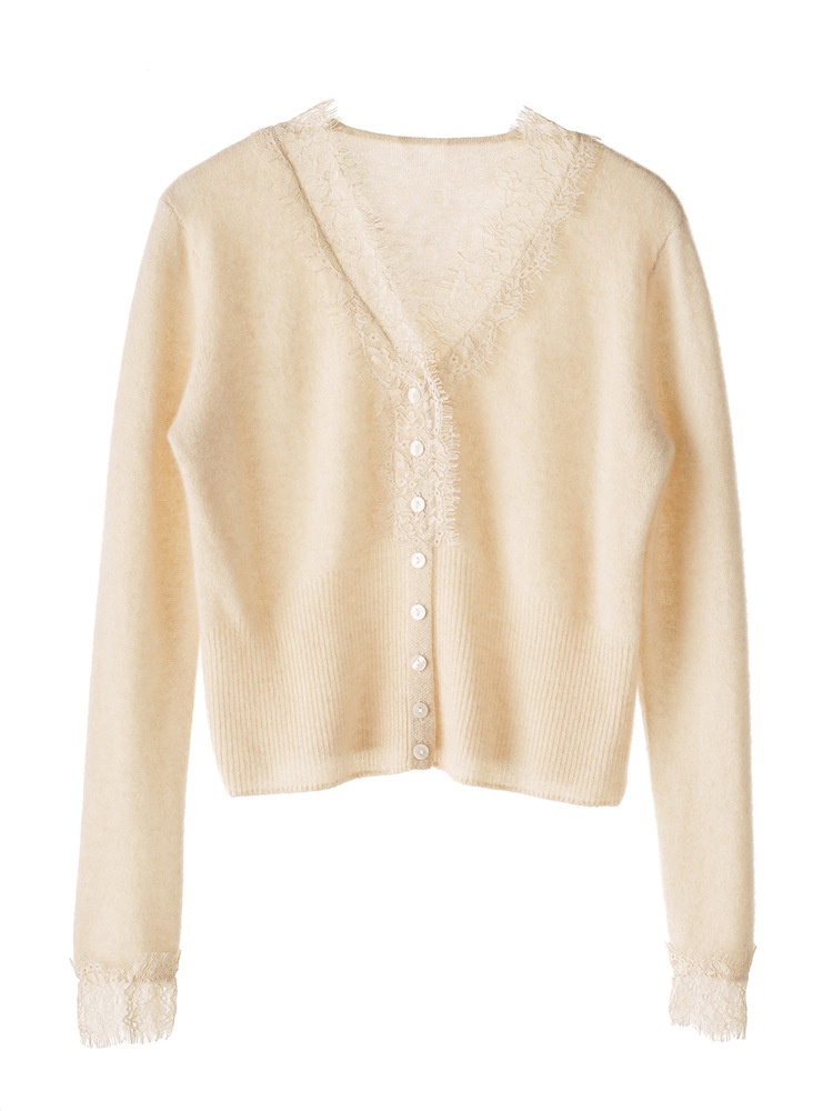 Cashmere Lace-Trimmed Knit V-Neck Cardigan Sweater