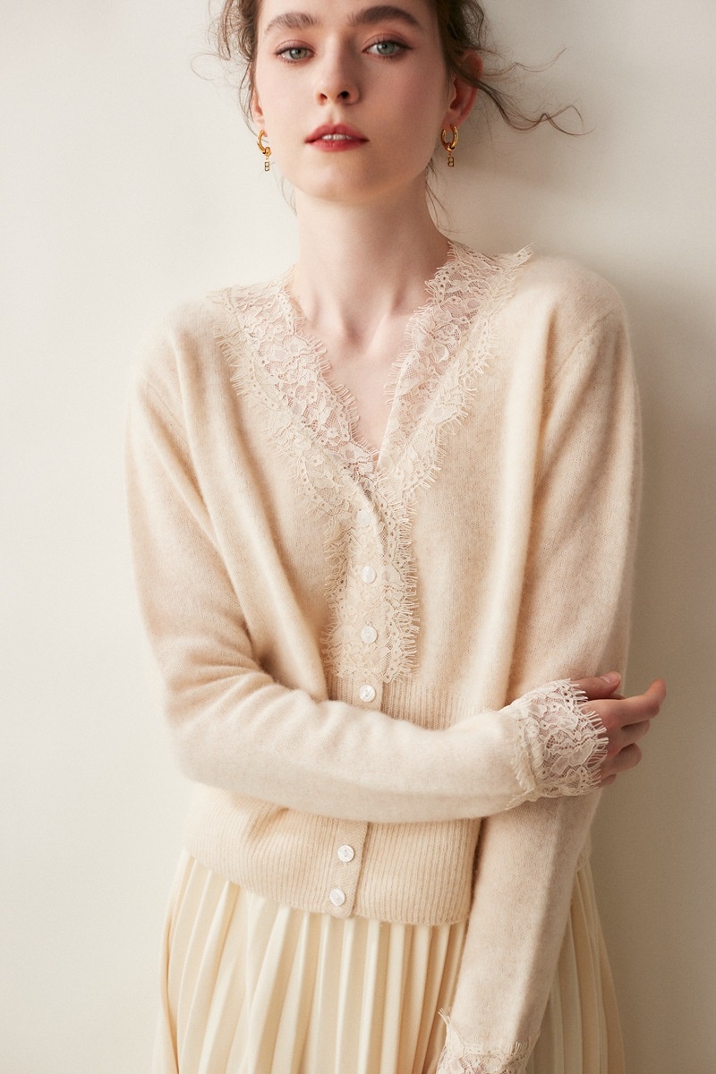 Cashmere Lace-Trimmed Knit V-Neck Cardigan Sweater