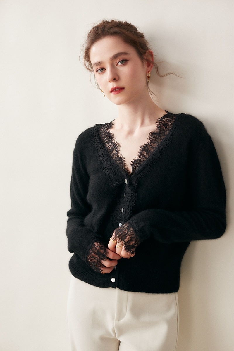 Cashmere Lace-Trimmed Knit V-Neck Cardigan Sweater