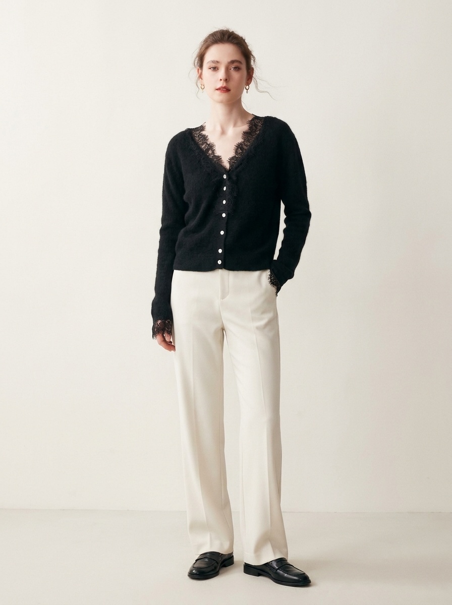 Cashmere Lace-Trimmed Knit V-Neck Cardigan Sweater