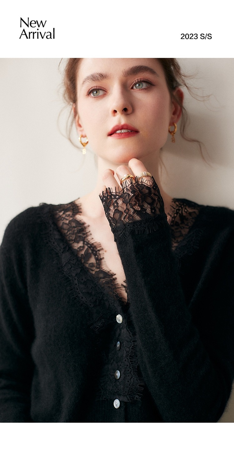 Cashmere Lace-Trimmed Knit V-Neck Cardigan Sweater