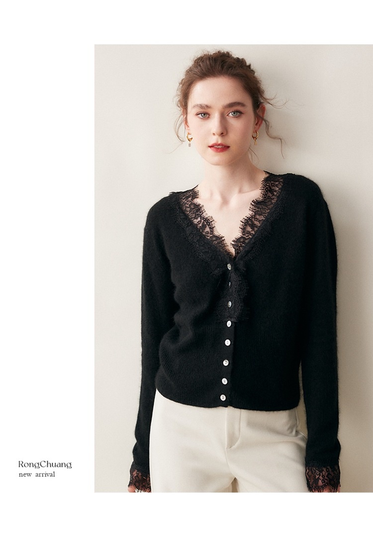 Cashmere Lace-Trimmed Knit V-Neck Cardigan Sweater