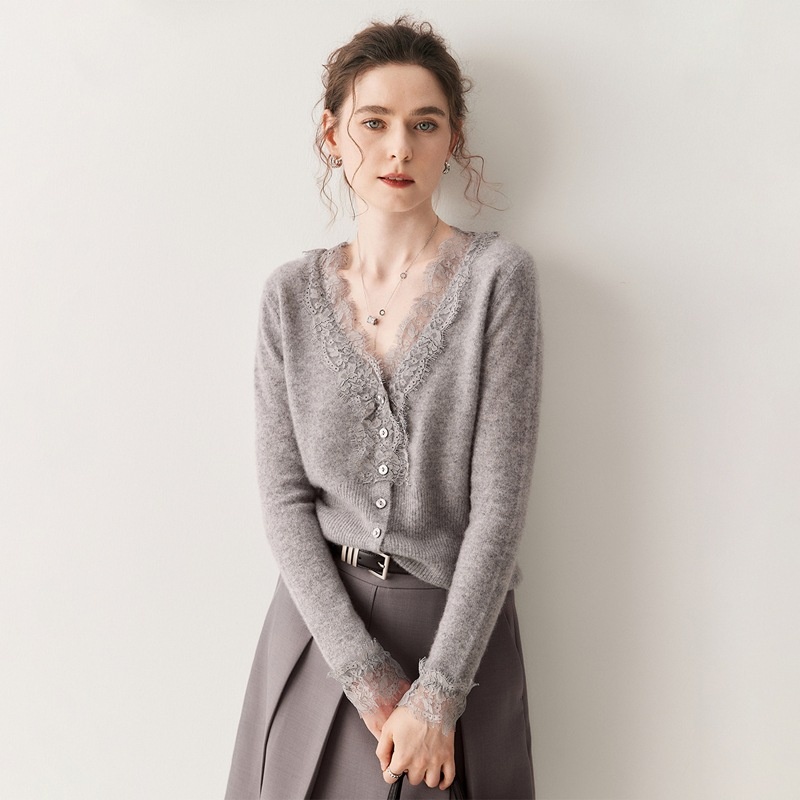 Cashmere Lace-Trimmed Knit V-Neck Cardigan Sweater
