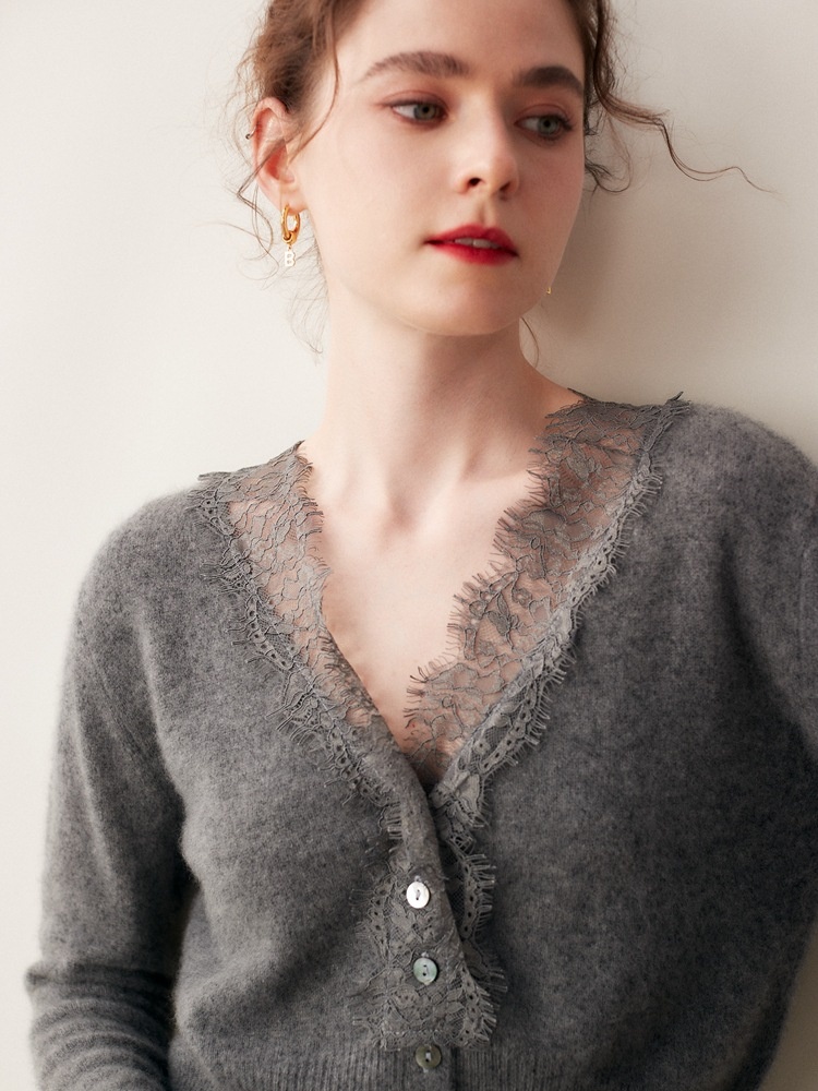 Cashmere Lace-Trimmed Knit V-Neck Cardigan Sweater