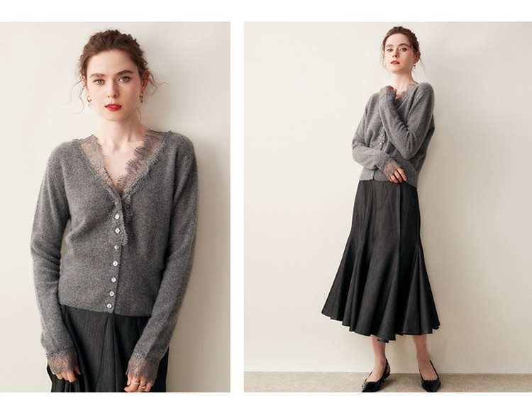 Cashmere Lace-Trimmed Knit V-Neck Cardigan Sweater