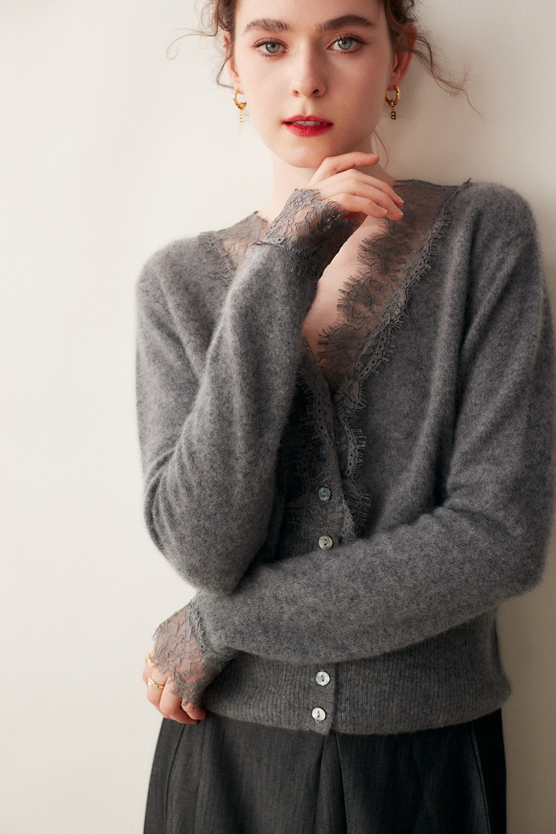 Cashmere Lace-Trimmed Knit V-Neck Cardigan Sweater