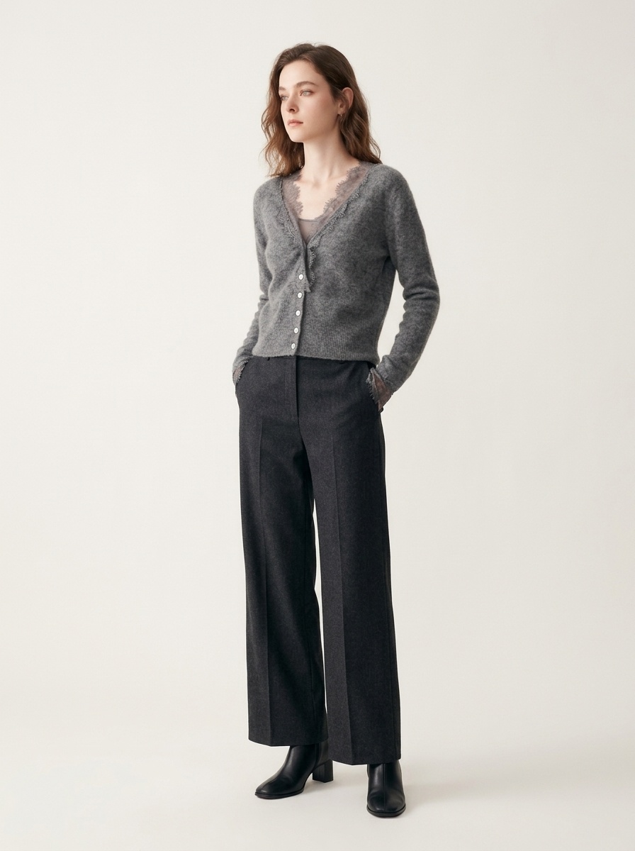 Cashmere Lace-Trimmed Knit V-Neck Cardigan Sweater